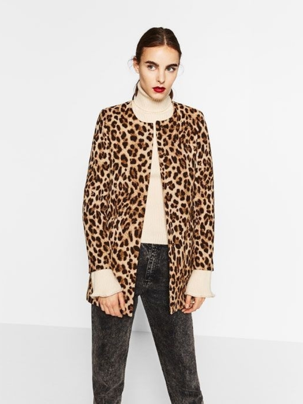 Zara Leopard Print Teddy Jacket in Beige and Black